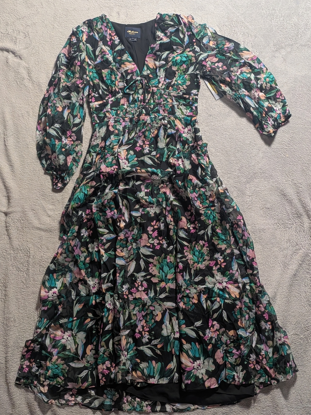 Floral V-Neck Midi Dress in Black with Green & Pink Botanicals